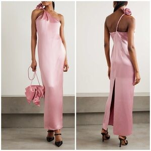 Magda Butrym Silk One shoulder Midi Dress With Rose Applique Pink Sz 38